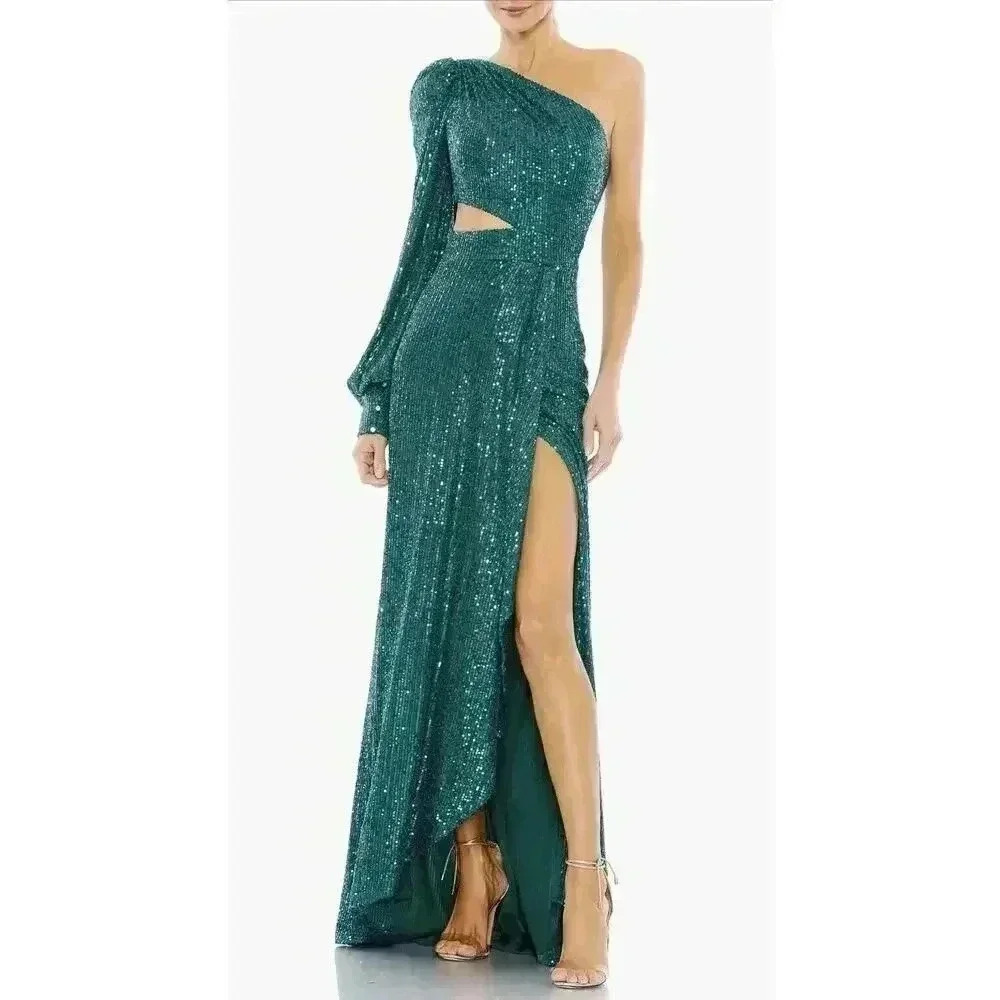 Mac Duggal 26530 Sequin Cutout One-Shoulder Gown 8 M Teal Evening Formal Maxi
